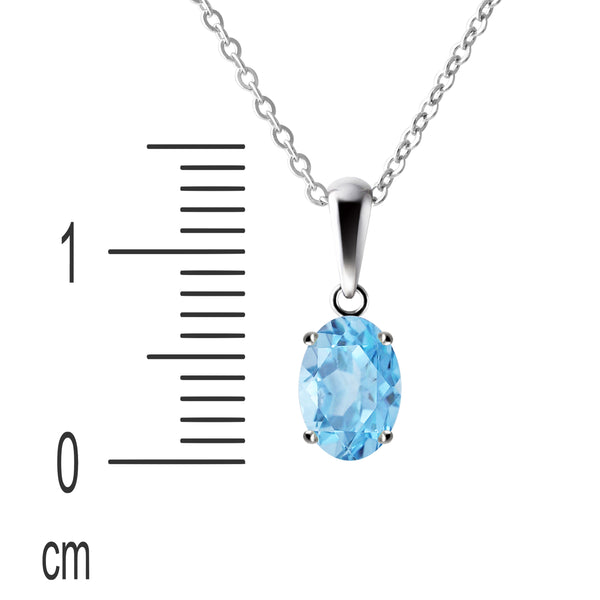 Sterling Silver Small & Dainty Oval Natural Swiss Blue Topaz Gemstone Pendant Necklace. Length: 50cm. Pendant Length with bale :1.4cm