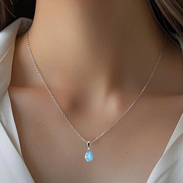 Sterling Silver Small & Dainty Oval Natural Swiss Blue Topaz Gemstone Pendant Necklace