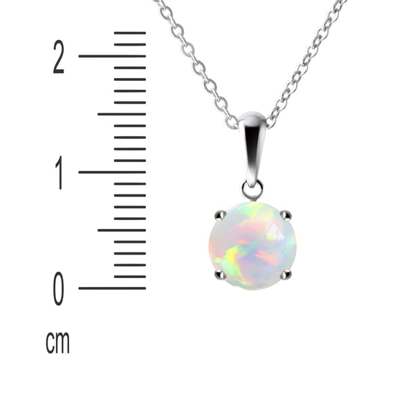 Sterling Silver Small & Dainty Round High Gem Grade Natural Opal Gemstone Pendant Necklace. Chain Length: 50cm. Pendant with bale: 1.4 cm