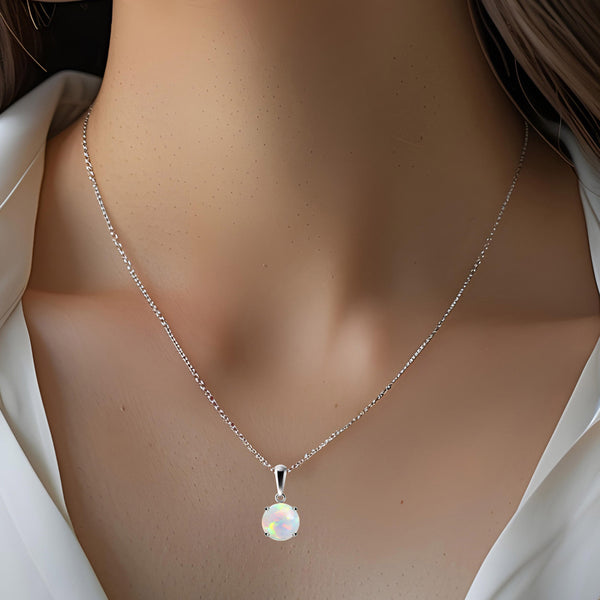 Sterling Silver Small & Dainty Round Natural Opal Gemstone Pendant Necklace 