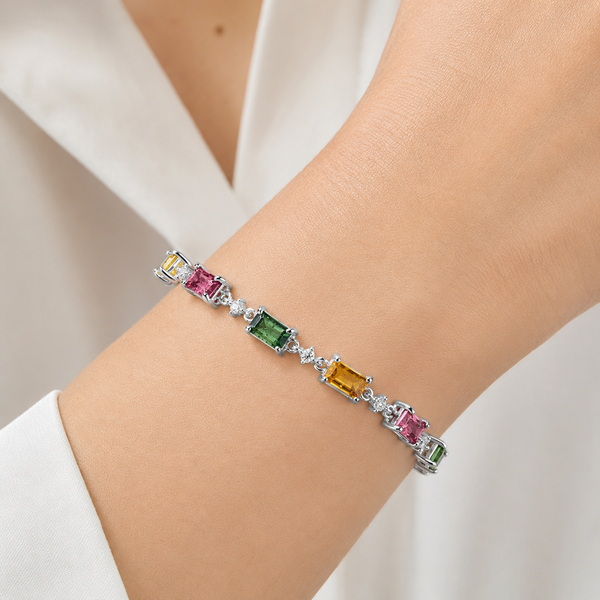 Dainty Natural Multi Coloured Natural Octagonal Tourmaline Gemstone Sterling Silver Tennis Bracelet. Length: 19cm - Franki Baker Jewellery