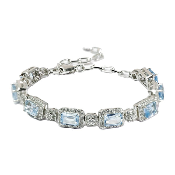 Dainty Natural Sky Blue Topaz & Zircon Gemstone Sterling Silver Tennis Bracelet. Length: 19cm - Franki Baker Jewellery