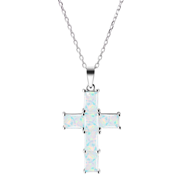 Simulated Opal Crystal & Sterling Silver Cross Pendant Necklace. Length: 50+5cm