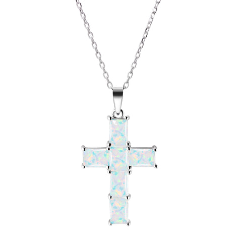 Simulated Opal Crystal & Sterling Silver Cross Pendant Necklace. Length: 50+5cm