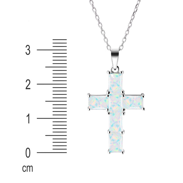 Simulated Opal Crystal & Sterling Silver Cross Pendant Necklace. Length: 50+5cm