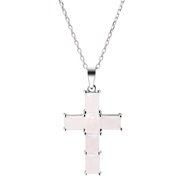 Sterling Silver Rose Quartz Crystal Cross Pendant Necklace, 50+5cm Length