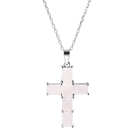 Sterling Silver Rose Quartz Crystal Cross Pendant Necklace, 50+5cm Length