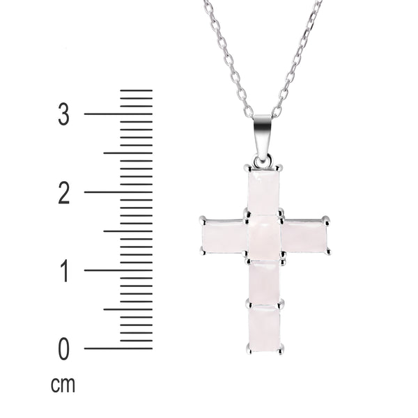 Sterling Silver Rose Quartz Crystal Cross Pendant Necklace, 50+5cm Length
