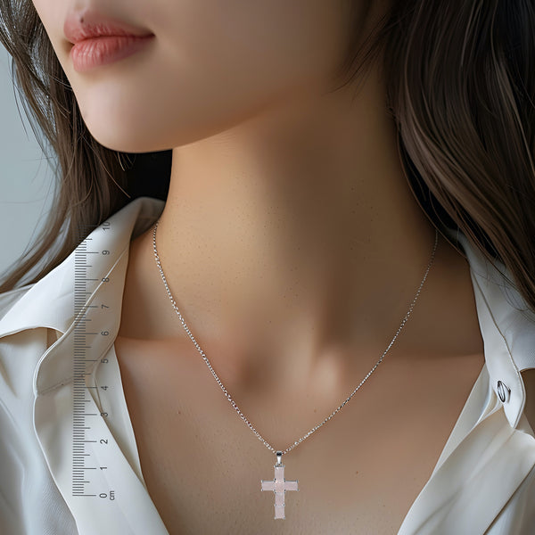 Sterling Silver Rose Quartz Crystal Cross Pendant Necklace, 50+5cm Length