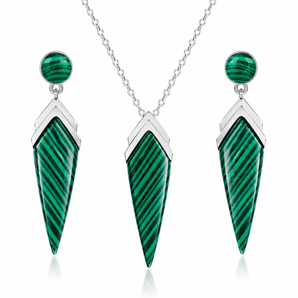 An Art Deco inspired created green Malachite gemstone pendant necklace & earring set.