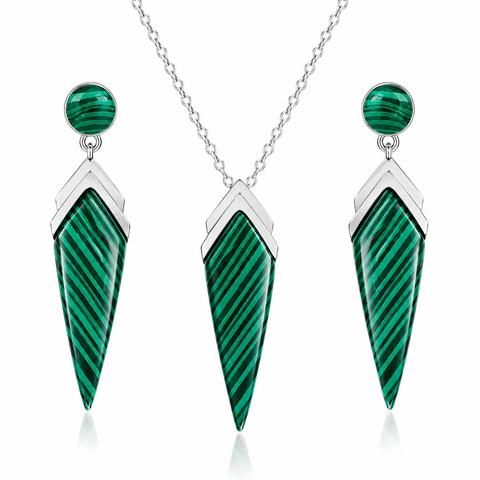 An Art Deco inspired created green Malachite gemstone pendant necklace & earring set.