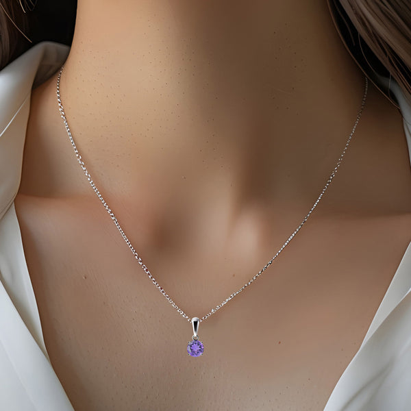 Sterling Silver Small & Dainty Round Natural Amethyst Gemstone Pendant Necklace Length: 50cm. Pendant Length with bale: 1.1cm