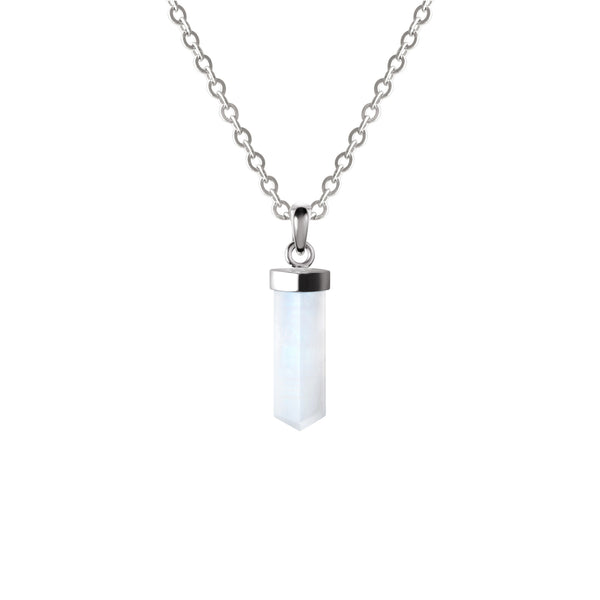 Natural Rainbow Moonstone Pencil Pendant On Sterling Silver. Gemstone Grade: AA Length 50cm
