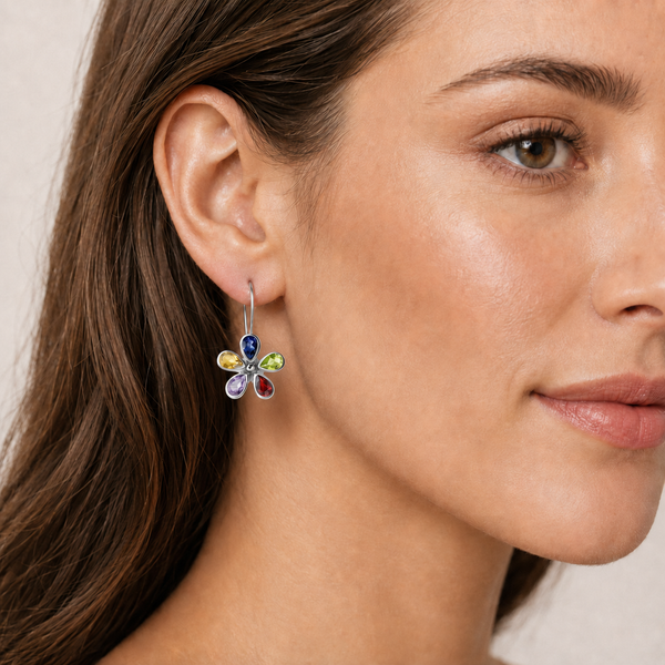 Five Gemstone Flower Drop Earrings in Sterling Silver