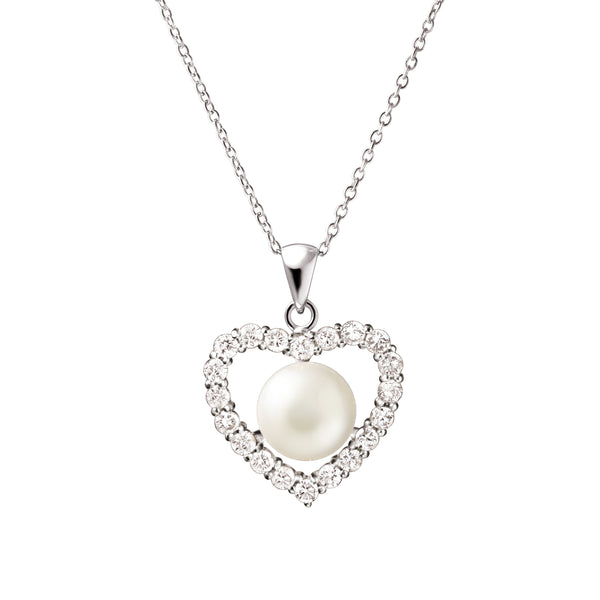 925 Sterling Silver White Pearl & CZ Heart Pendant Necklace, 55cm