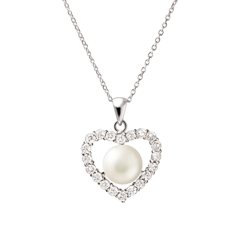 925 Sterling Silver White Pearl & CZ Heart Pendant Necklace, 55cm