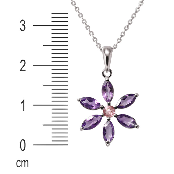 Pink Tourmaline and Amethyst Flower Pendant on Silver Chain