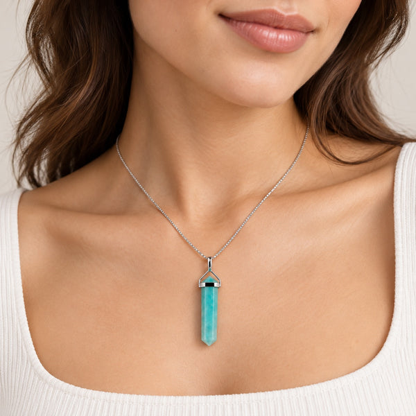 Amazonite Double Point Pendant Necklace | 925 Sterling Silver