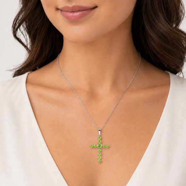 Peridot Crystal Cross Pendant Necklace in Sterling Silver