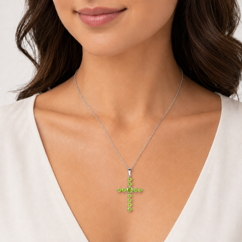 Peridot Crystal Cross Pendant Necklace in Sterling Silver