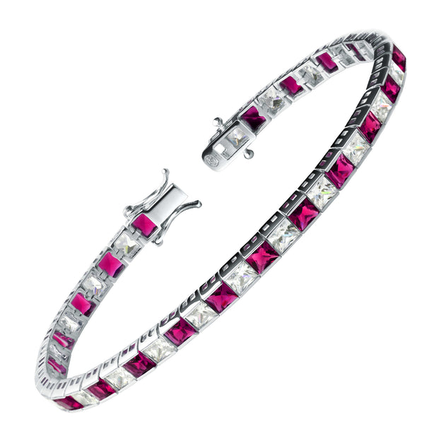 Bracelet with red and clear cz gemstones on a white silver background