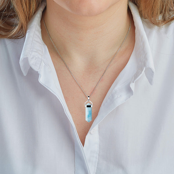 Dainty Sterling Silver Natural Rare Blue Larimar Gemstone Pendant Necklace. Length: 50cm