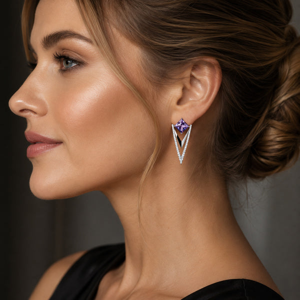 Art Deco Amethyst & Diamond CZ Drop Earrings | 925 Sterling Silver
