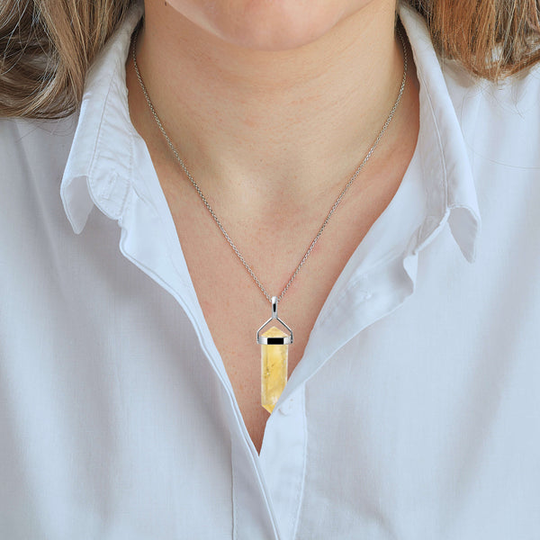 Sunny Yellow Citrine Gemstone Double Point Pendant Necklace on Sterling Silver Chain