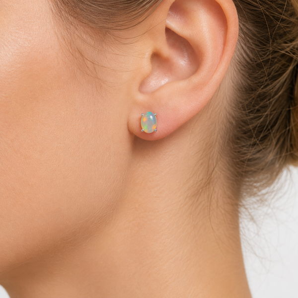 Fire Opal Gemstone Oval Stud Earrings & Sterling Silver.
