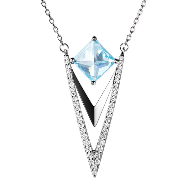 Art Deco Aquamarine Blue & Diamond CZ Pendant Necklace, 40+5cm