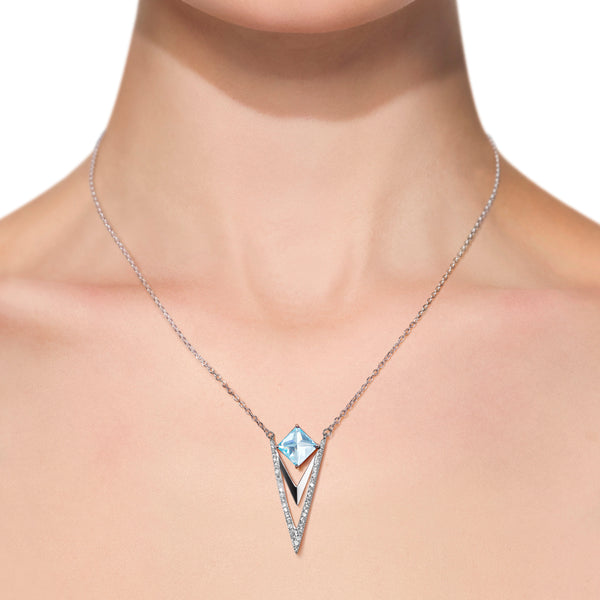 Art Deco Aquamarine Blue & Diamond CZ Pendant Necklace, 40+5cm