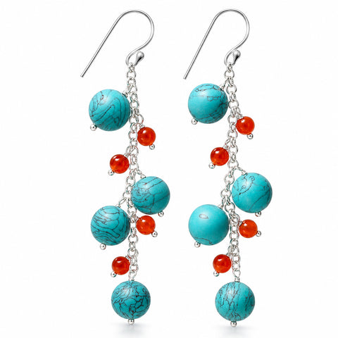 Cascading Turquoise and Carnelian Gemstone and Silver Earrings