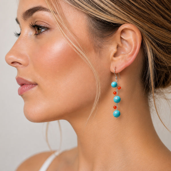 Cascading Turquoise and Carnelian Gemstone and Silver Earrings