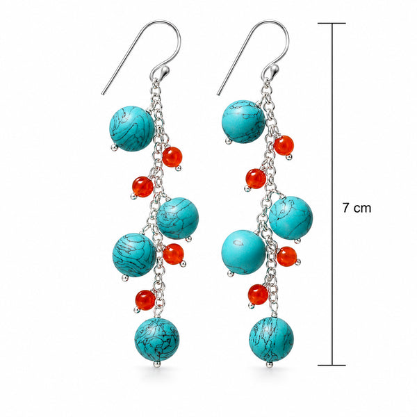 Cascading Turquoise and Carnelian Gemstone and Silver Earrings