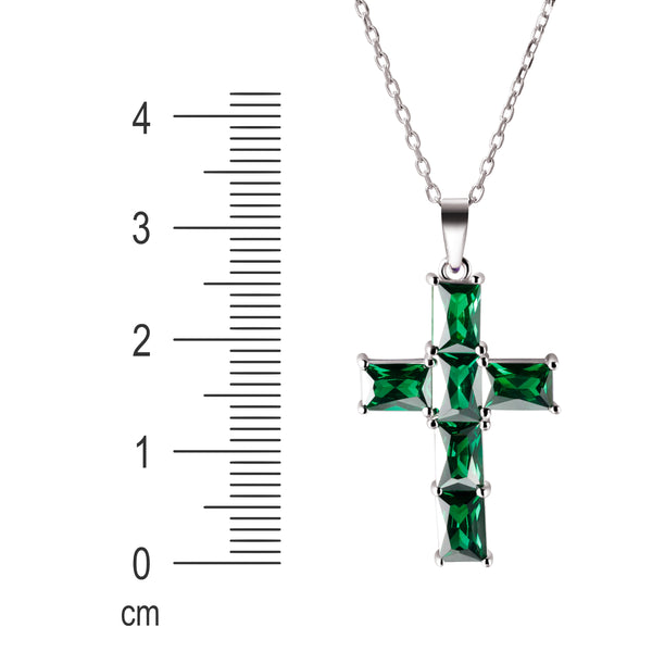Emerald Green CZ & Sterling Silver Cross Pendant Necklace
