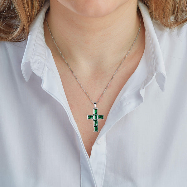 Emerald Green CZ & Sterling Silver Cross Pendant Necklace