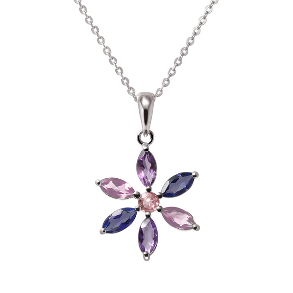 Pink Tourmaline and Amethyst Flower Pendant on Silver Chain