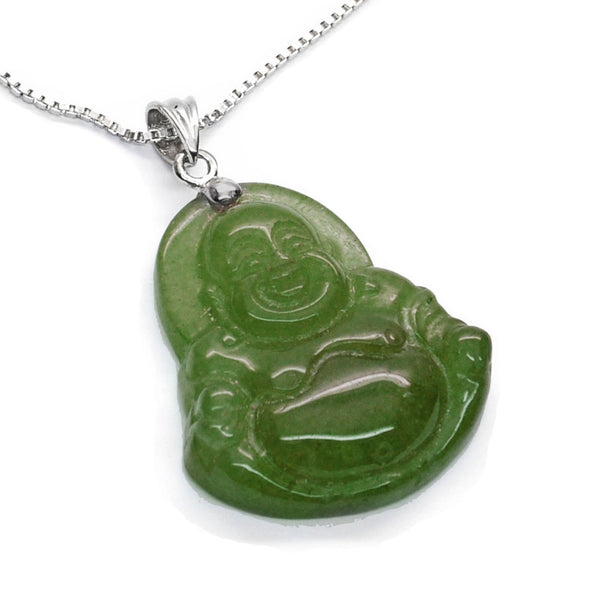 Small Hand Carved Green Stone Jade Buddha Pendant Necklace 925 Sterling Silver. Chain Length: 50cm.