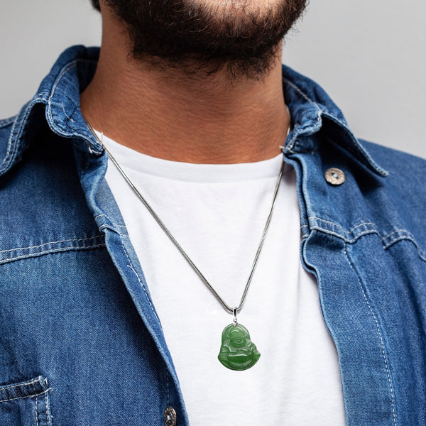 Small Hand Carved Green Stone Jade Buddha Pendant Necklace 925 Sterling Silver. Chain Length: 50cm.