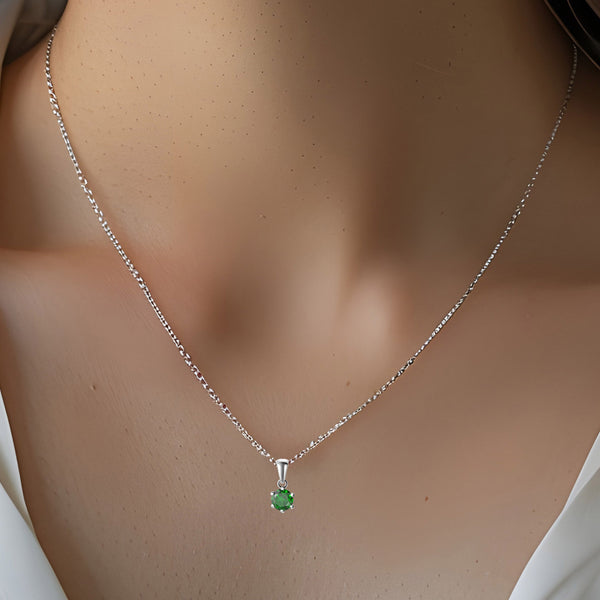 Sterling Silver Small & Dainty Round Genuine Emerald Gemstone Pendant Necklace. Length: 50cm. Pendant Length with bale: 1.6cm
