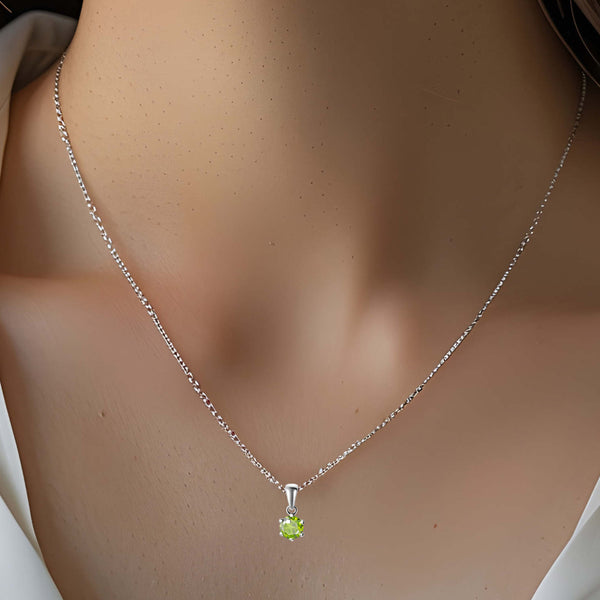 Sterling Silver Small & Dainty Round Natural Peridot Gemstone Pendant Necklace