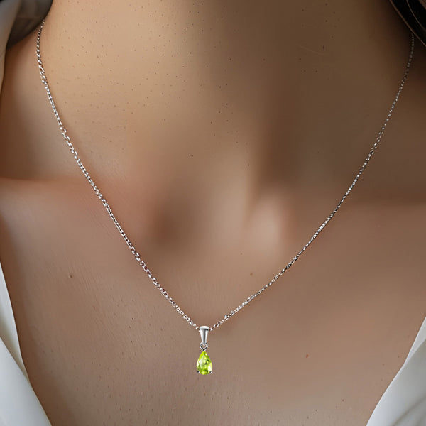 Franki Baker Sterling Silver Natural Peridot Pear Gemstone Pendant Necklace on 925 Sterling Silver Chain. Chain Length: 50cm