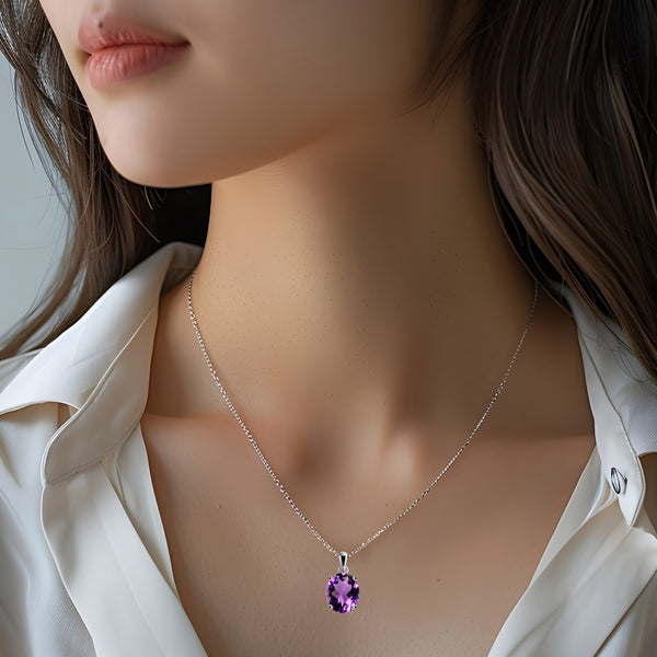 AAA Grade Amethyst Oval Pendant | Rhodium Plated Sterling Silver