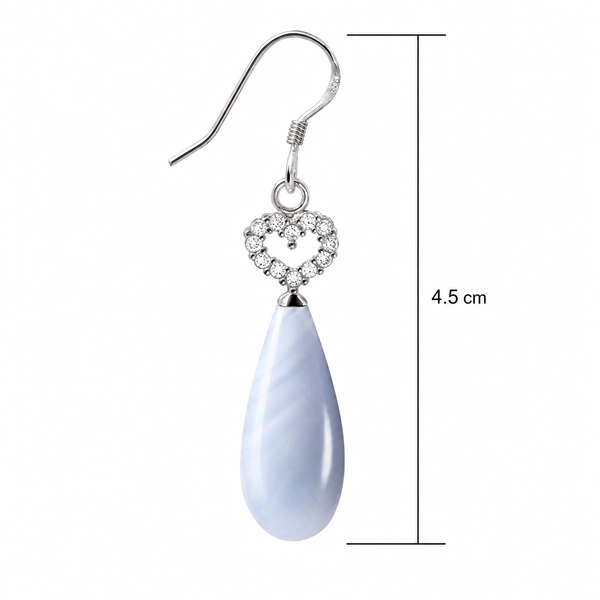 Blue Lace Agate & CZ Heart Pear Drop Earrings in Sterling Silver | 4.5cm