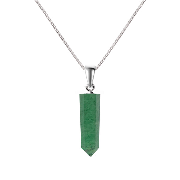 Sterling Silver & Natural Green Adventurine Gemstone Single Point Pendant Necklace. Length: 50cm