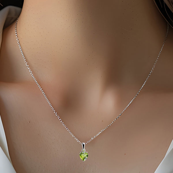 Sterling Silver Small & Dainty Heart Shaped Natural Peridot Gemstone Pendant Necklace Length: 50cm. Pendant Length: 1.2 cm