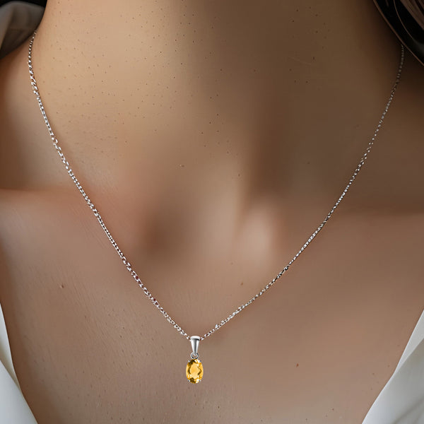 Sterling Silver Small & Dainty Oval Shaped Natural Citrine Gemstone Pendant Necklace. Chain Length: 50cm. Pendant Length: 1.4cm