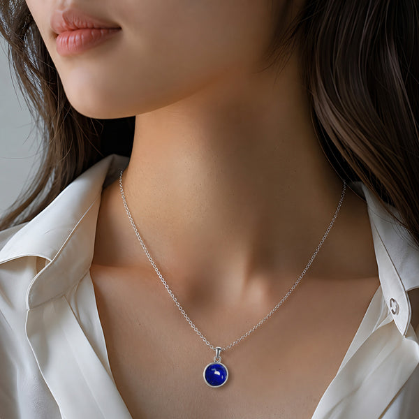 Lapis Lazuli & Sterling Silver Dainty Round Pendant Necklace | 50cm Chain