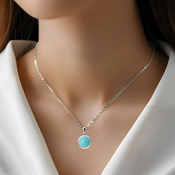Sterling Silver Dainty Round Natural Turquoise Pendant Necklace Length: 50cm Pendant Size: 2cm - Franki Baker Jewellery