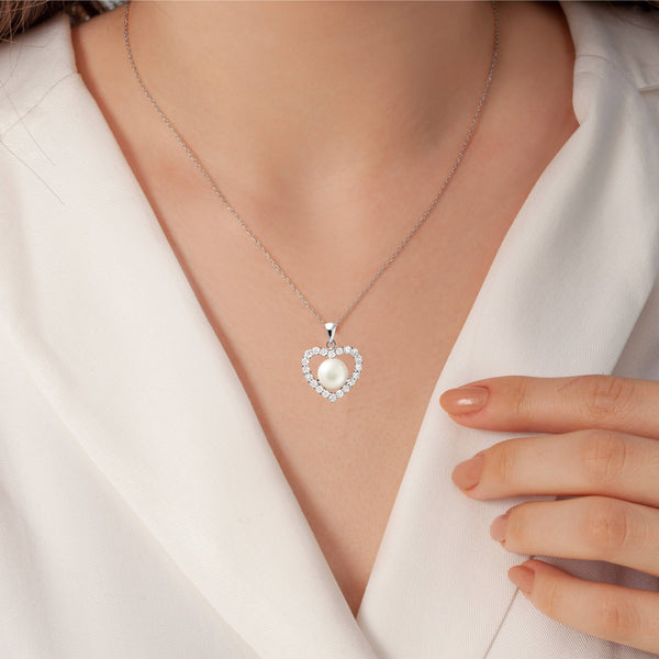 925 Sterling Silver White Pearl & CZ Heart Pendant Necklace, 55cm